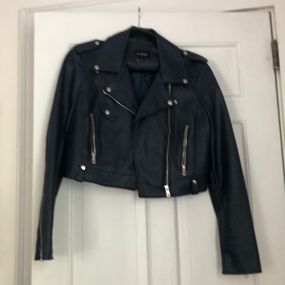 Navy cropped faux leather jacket